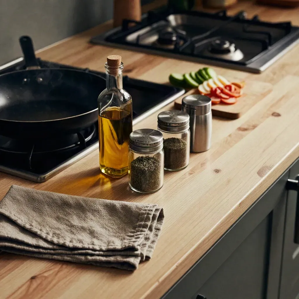 Stesen masak bajet di kaunter kayu cerah dengan kuali, botol minyak, rempah dan kain lipat.